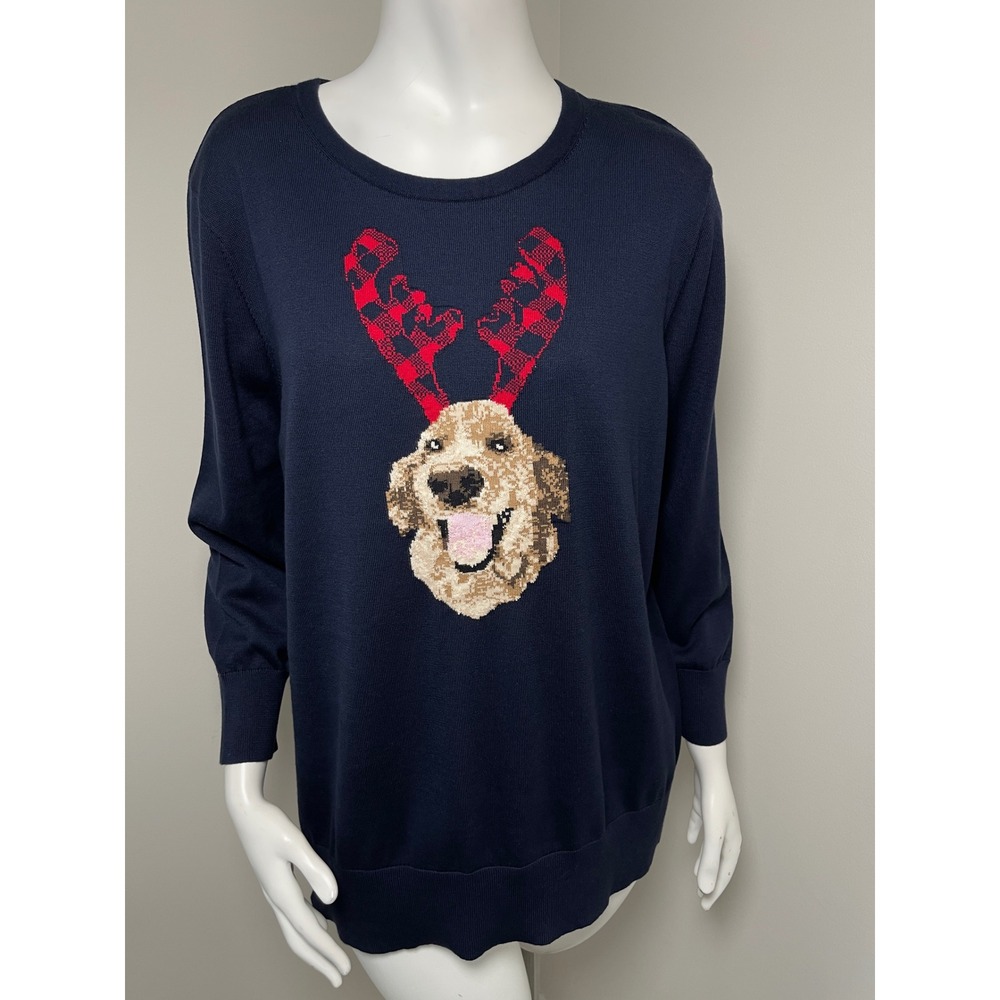 Lands End Navy Supima Cotton Golden Retriever Reindeer Antler Sweater XL Tall 18